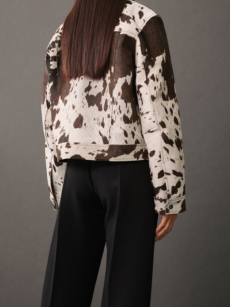 Womens Lapel Denim Jacket with Irregular Pattern