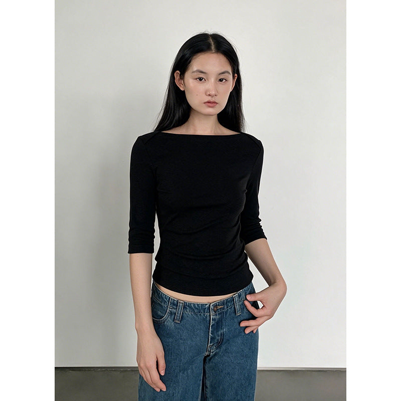 Retro Boat Neck Slim Fit Cotton Blend Three-Quarter Sleeve Top