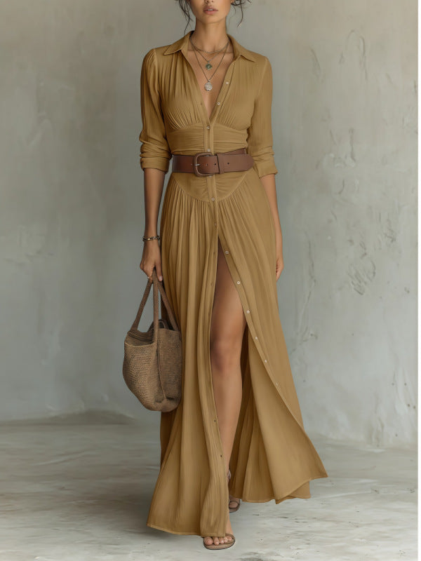 V-Neck Long Slit Shirt Dress for Women