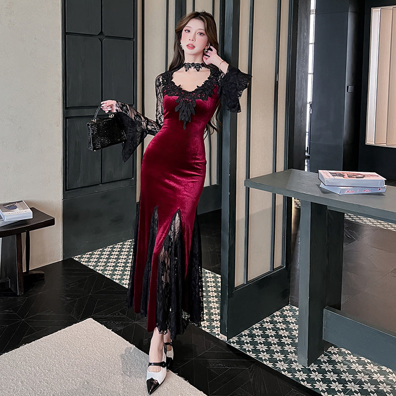 Womens Velvet Gothic Dress Lace Long Sleeve V-Neck Maxi Swing Dress