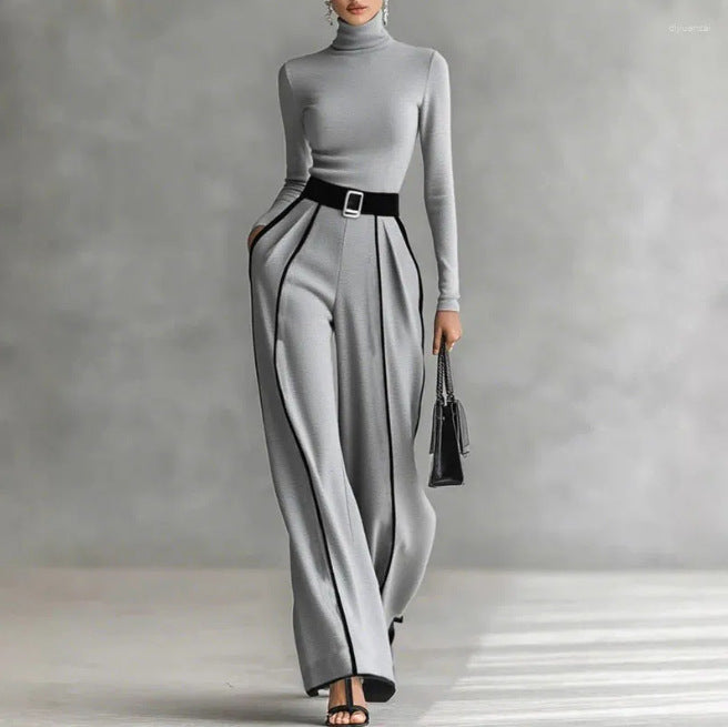 Elegant Stand-Up Collar Contrast Trim Two-Piece Knit Top and Wide-Leg Pants Set