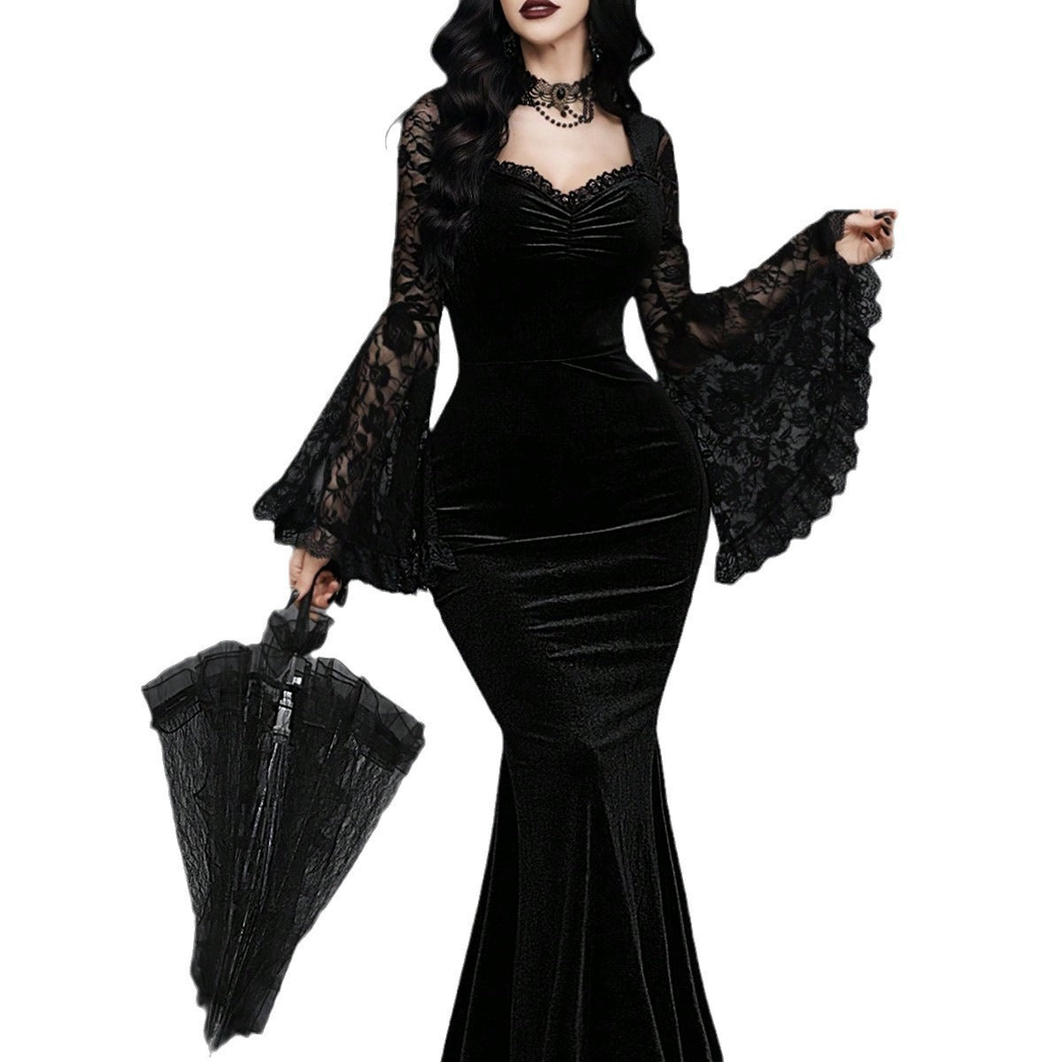 Halloween Gothic Style Lace Patchwork Waist-Cinched Flare Sleeve Dress