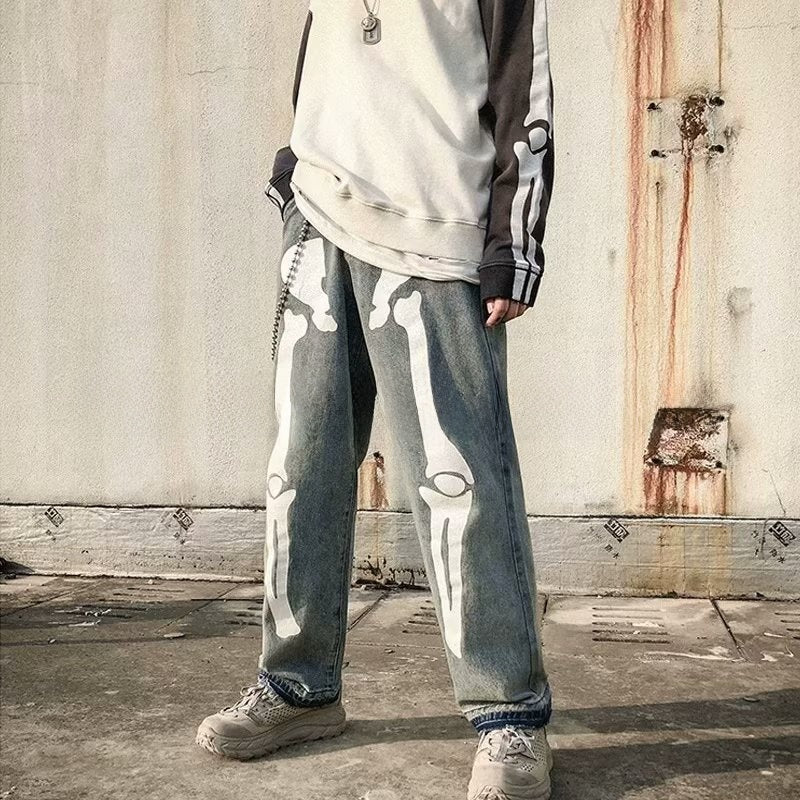 Men's Printed Skull Graphic Loose Straight Leg Denim Jeans