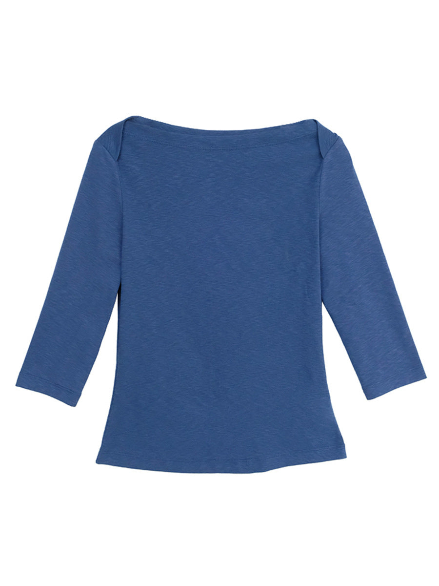 Retro Boat Neck Slim Fit Cotton Blend Three-Quarter Sleeve Top