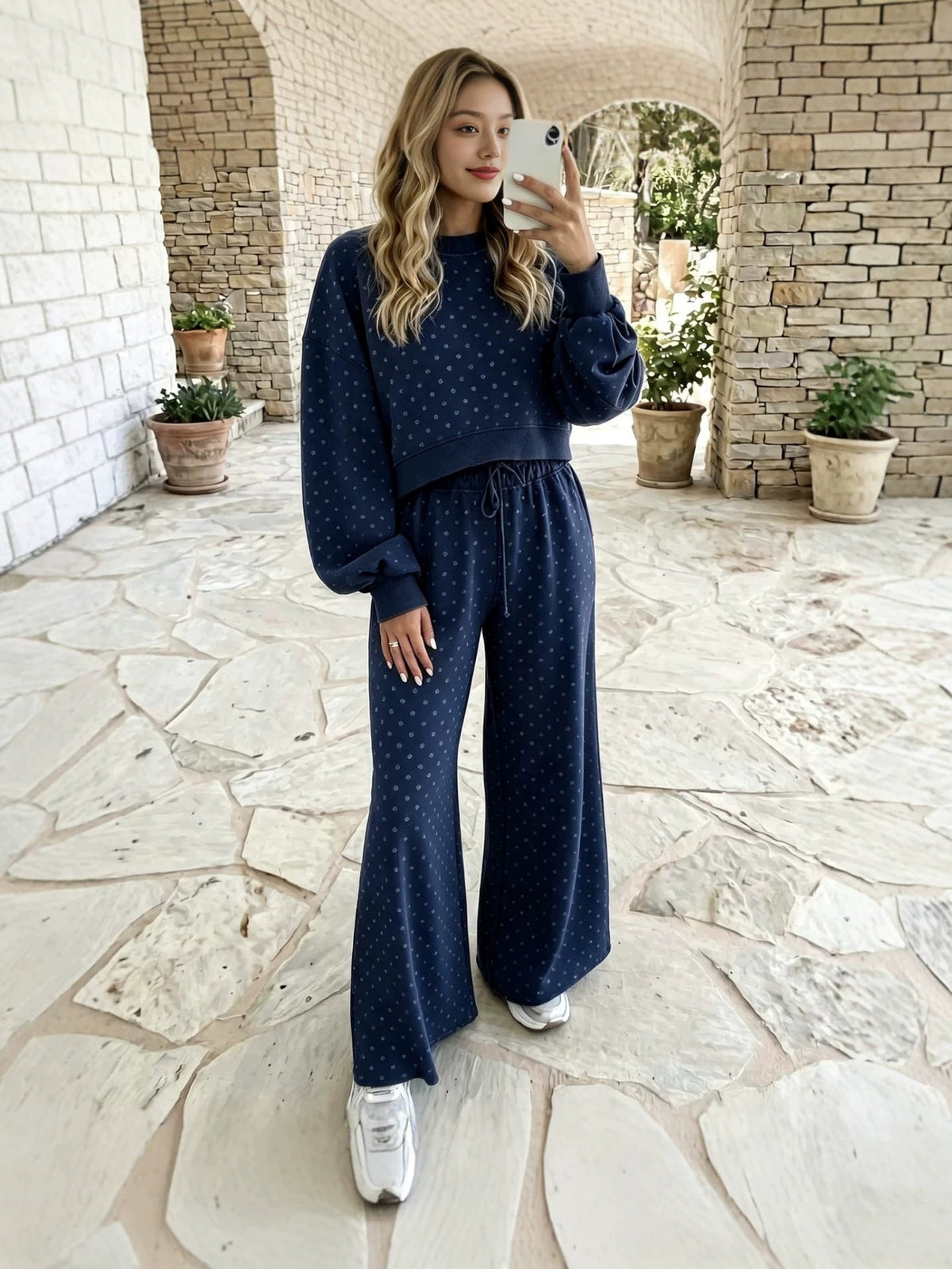 Women's High-Waisted Polka Dot Print Knit Sweatshirt and Wide Leg Pants Set