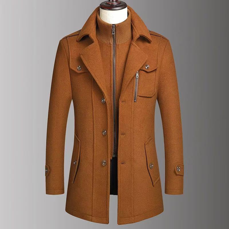 Men's Warm Double-Collar Woolen Coat with Loose Fit and Zip Closure