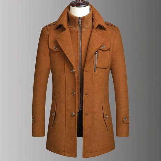 Men's Warm Double-Collar Woolen Coat with Loose Fit and Zip Closure
