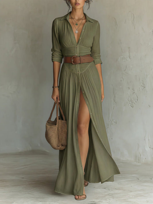 V-Neck Long Slit Shirt Dress for Women
