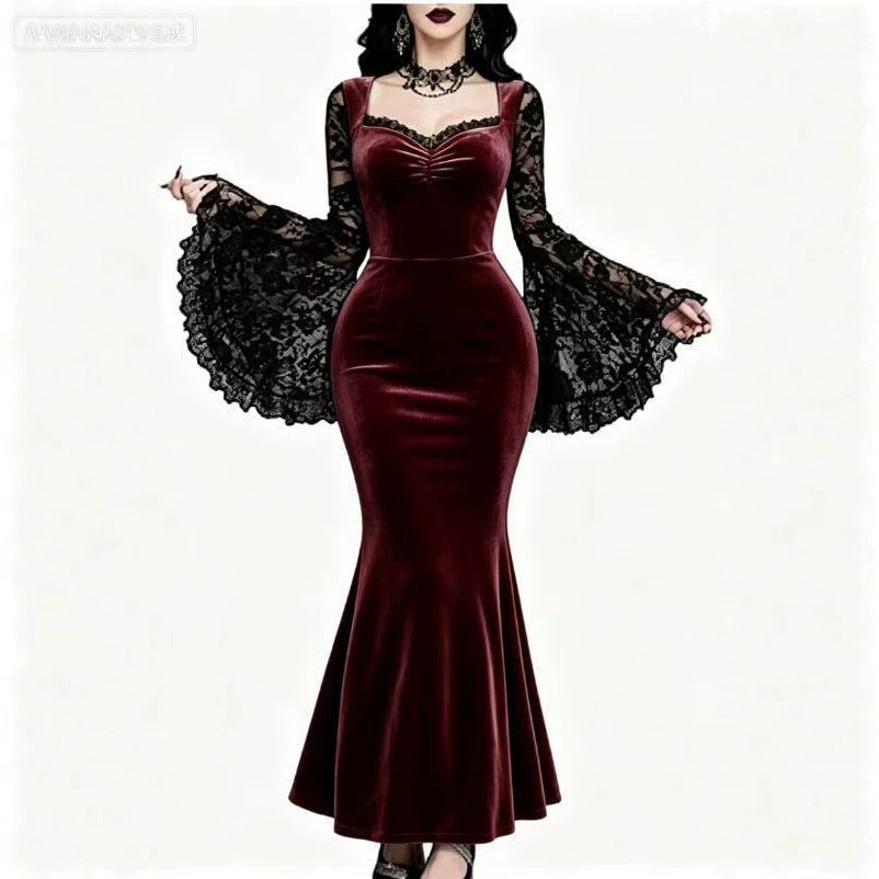 Halloween Gothic Style Lace Patchwork Waist-Cinched Flare Sleeve Dress