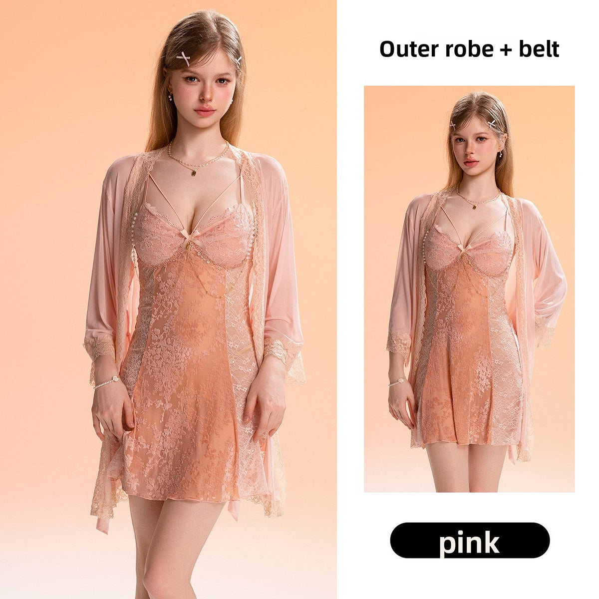 Floral Mesh Lace Pearl Chain Nightdress and Robe Set
