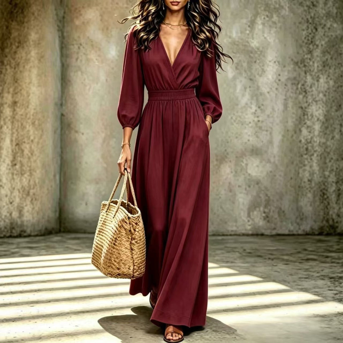 Women's Elegant V-Neck Waist-Cinching Spliced Jumpsuit with Pockets