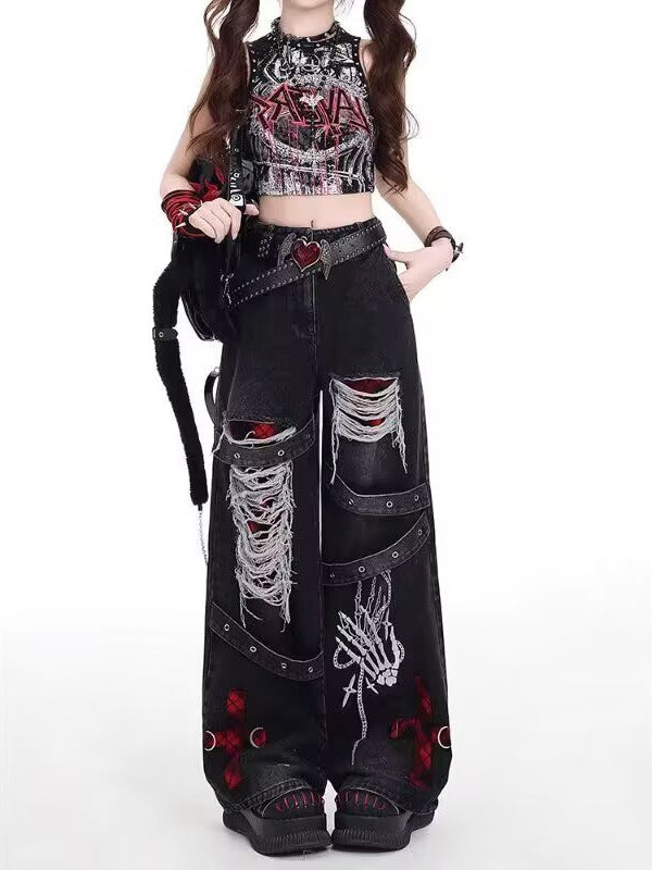 Womens Punk Style Retro Distressed Ripped Wide Leg Jeans