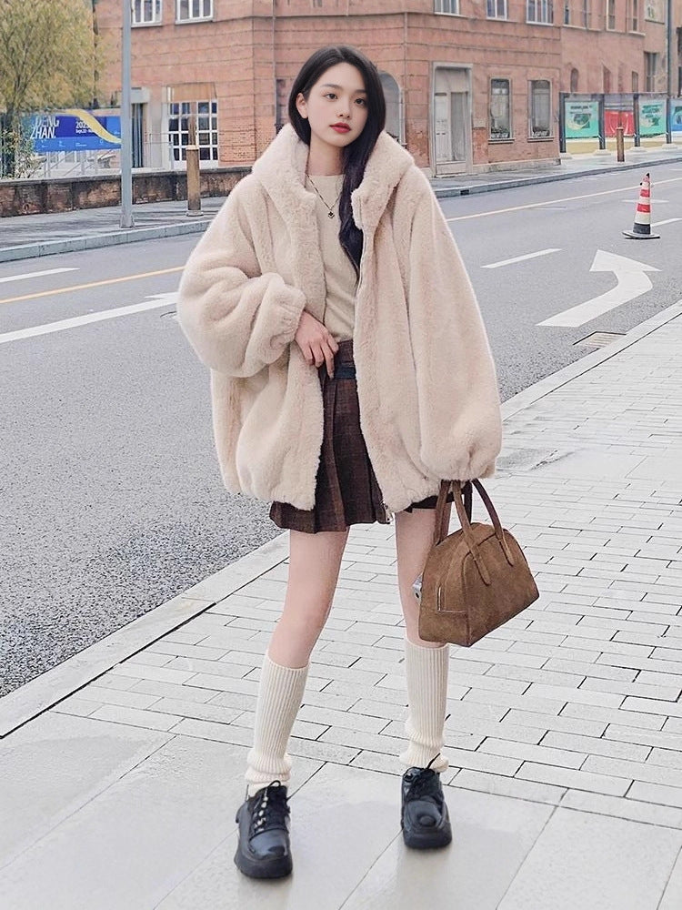 Women Short Plush Hooded Coat