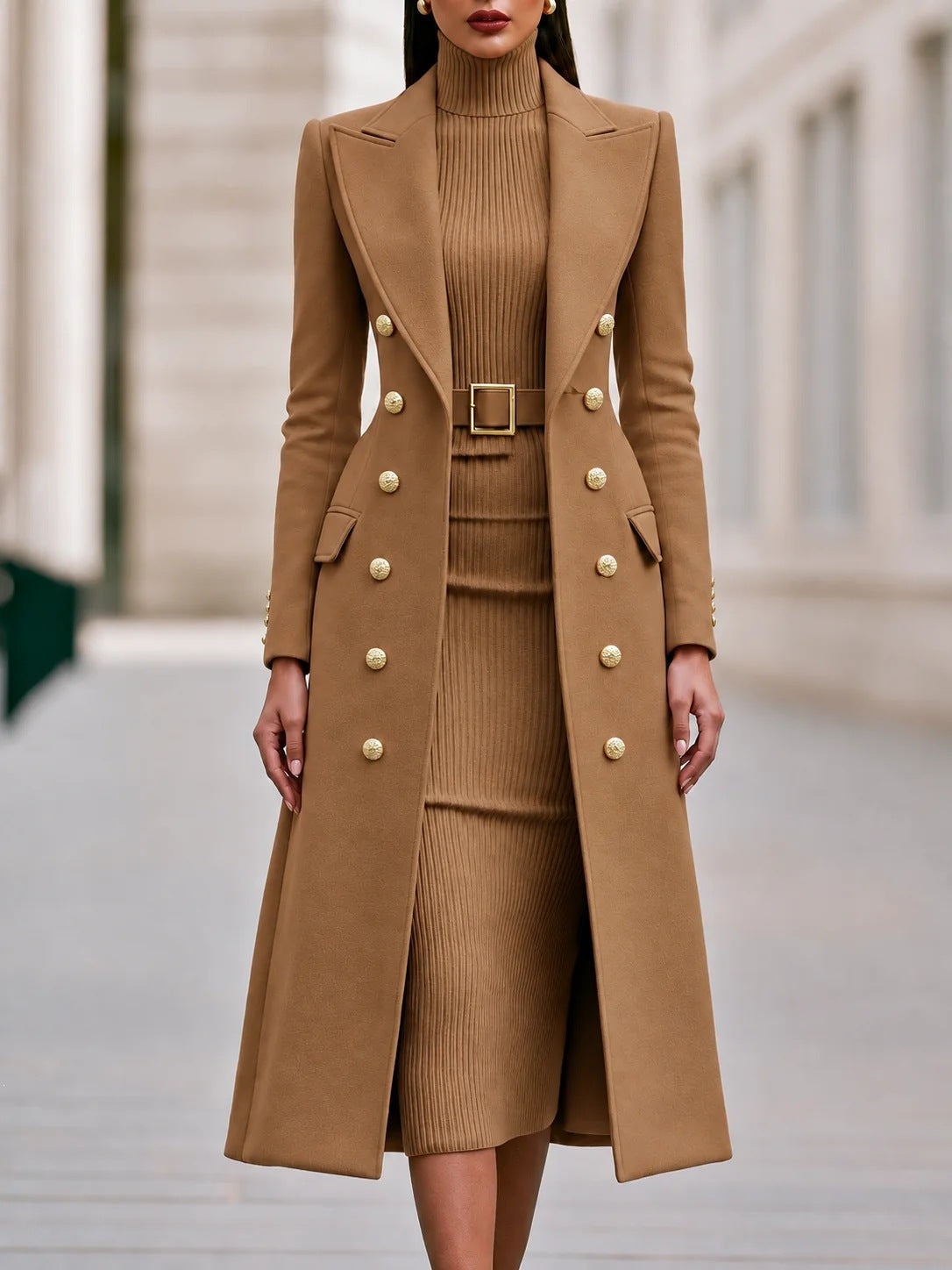 Women's Double-Breasted Woolen Coat and Knitted Dress Two-Piece Set