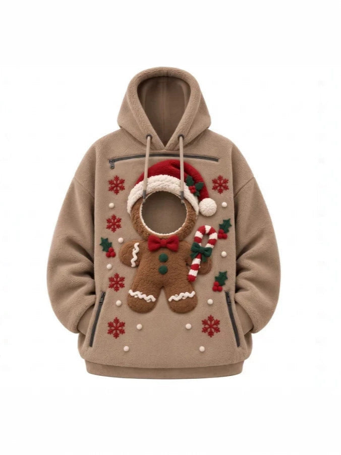 Mens Winter Warm Polar Fleece Lined Hoodie with 3D Printed Christmas Pattern and Zipper Pocket