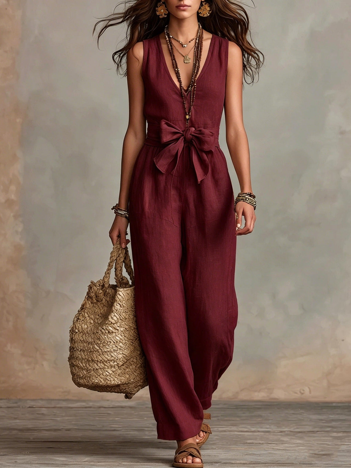 Women's V-Neck Sleeveless Wide Leg Jumpsuit with Bow Belt