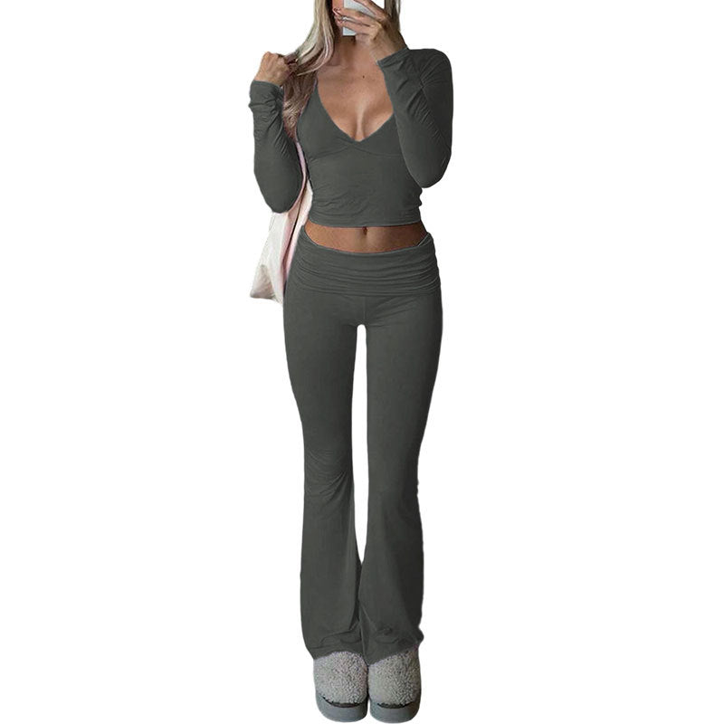 Women's Two-Piece Active Set Deep V Long Sleeve Top