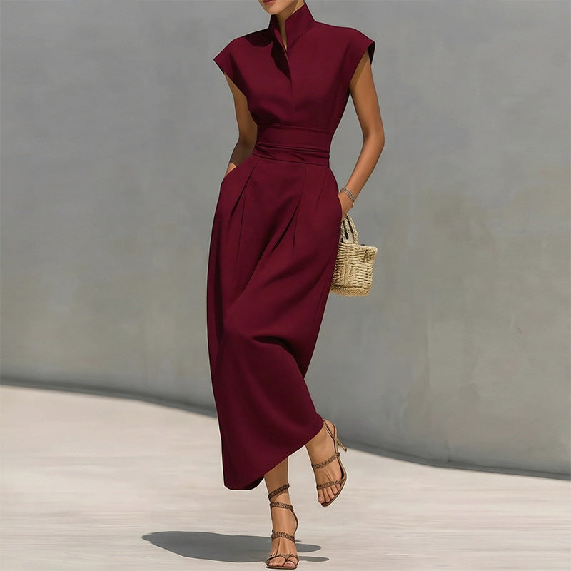 Elegant Stand Collar Flutter Sleeve Dress