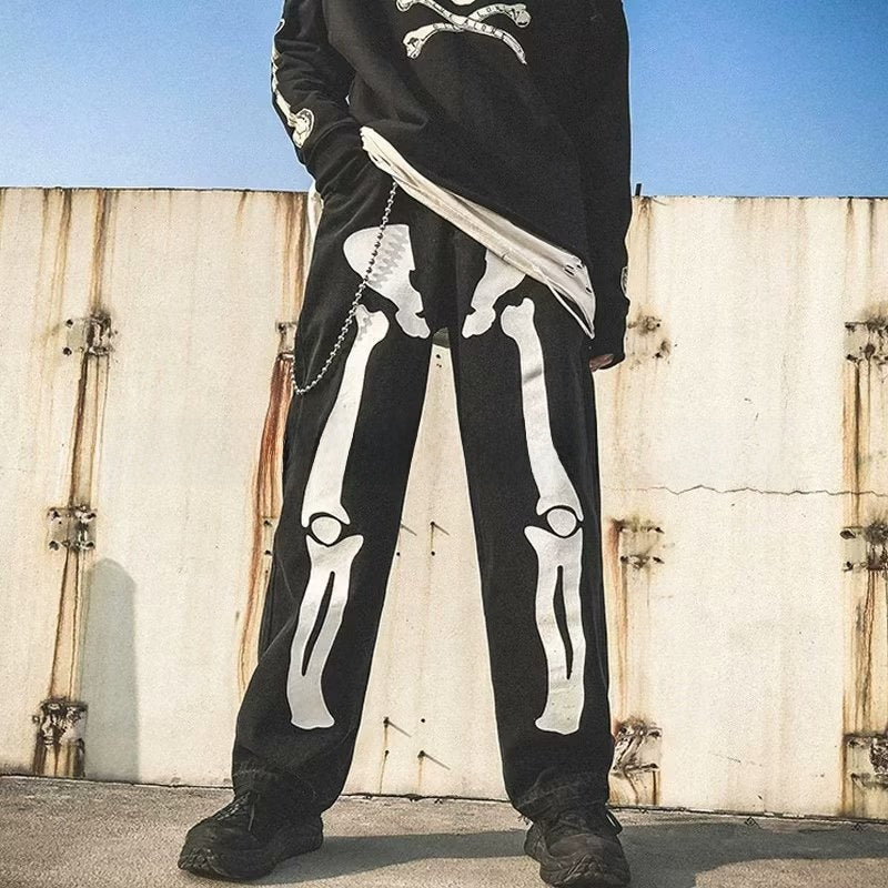 Men's Printed Skull Graphic Loose Straight Leg Denim Jeans