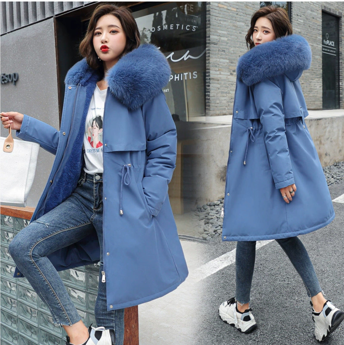 Women's Mid-Length Fleece-Lined Cotton Padded Coat