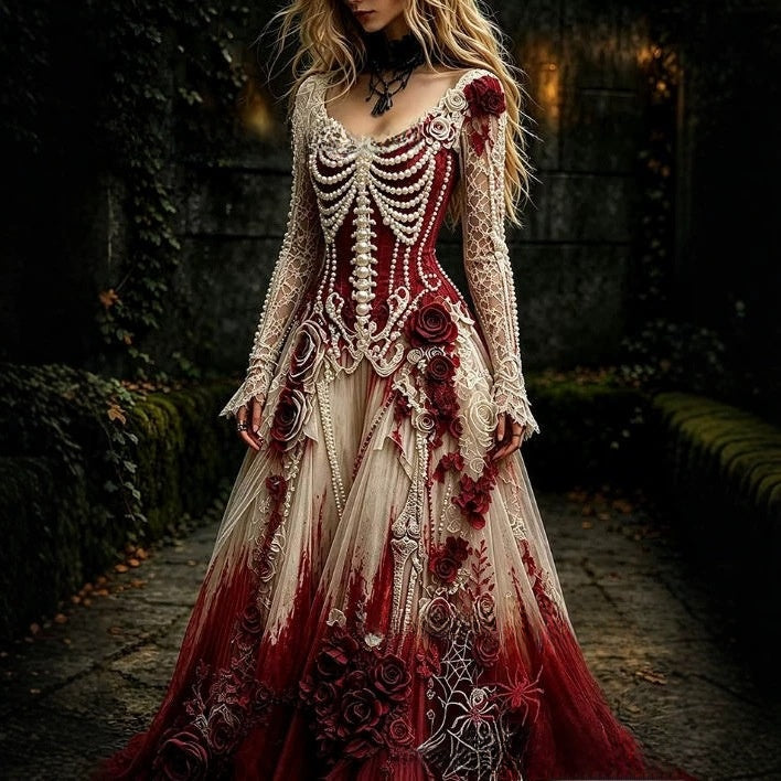 Lady's retro gothic skull rose print long-sleeved dress