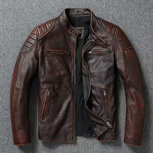 Mens Vintage PU Leather Jacket with Stand Collar