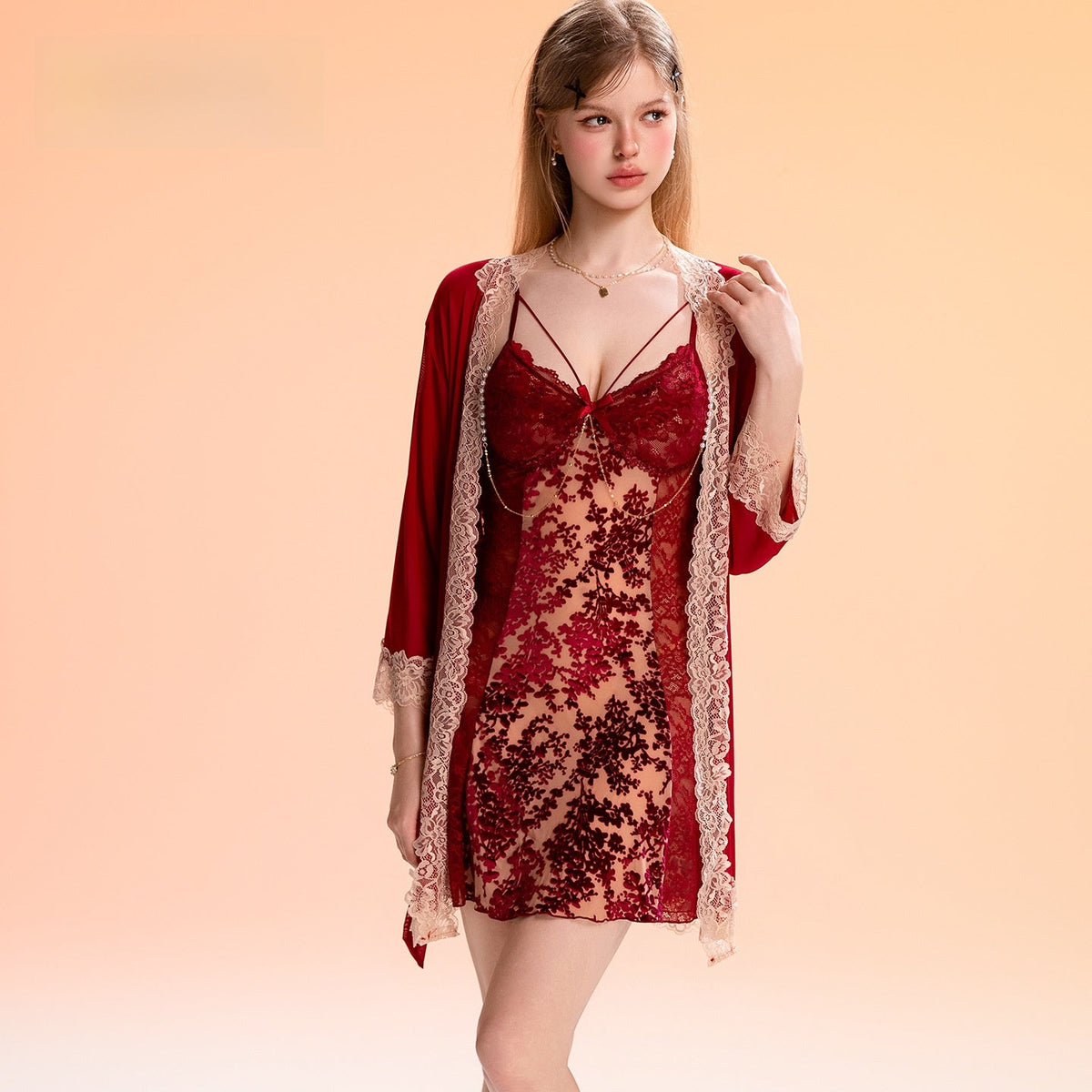 Floral Mesh Lace Pearl Chain Nightdress and Robe Set