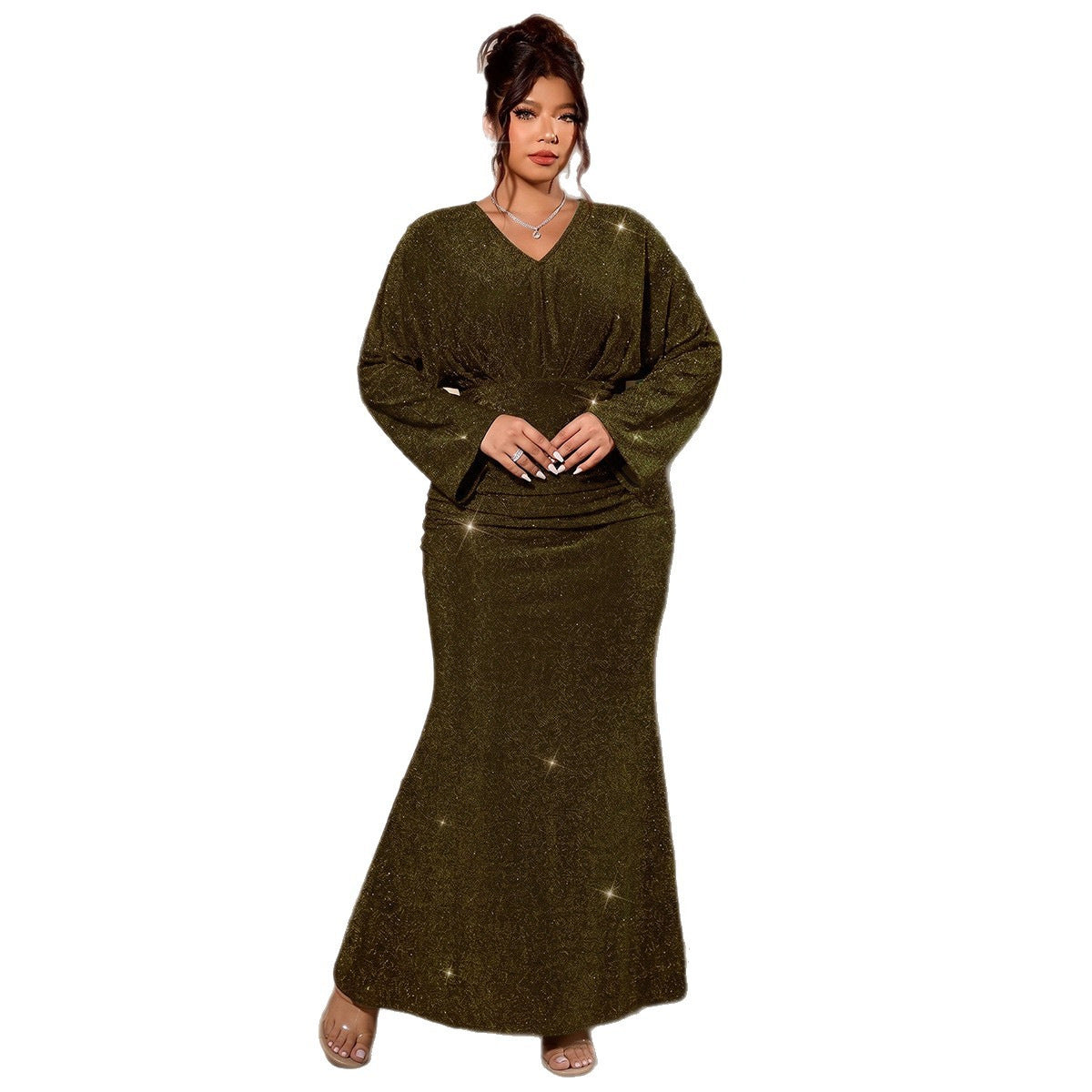 Plus Size Womens V Neck Batwing Sleeve Mermaid Evening Dress