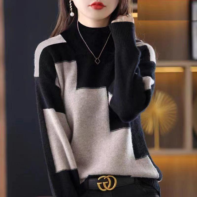 Women's Loose Knitted Sweater with Princess Sleeves and Half Turtleneck