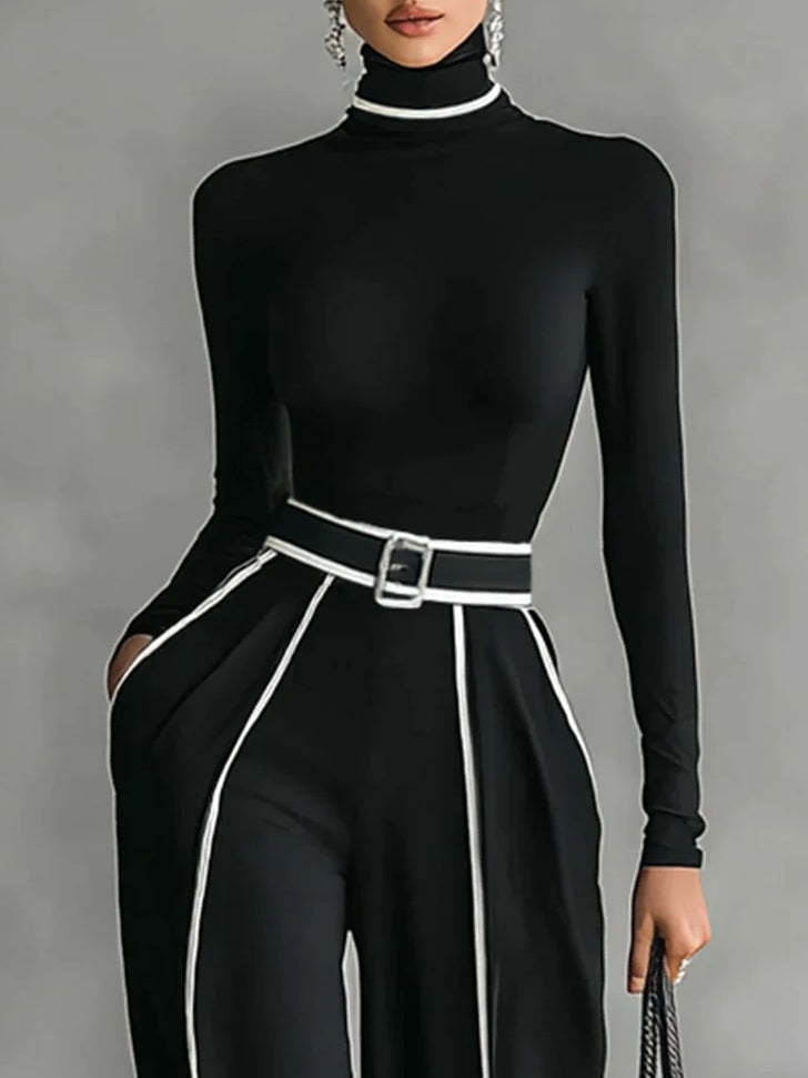 Elegant Stand-Up Collar Contrast Trim Two-Piece Knit Top and Wide-Leg Pants Set