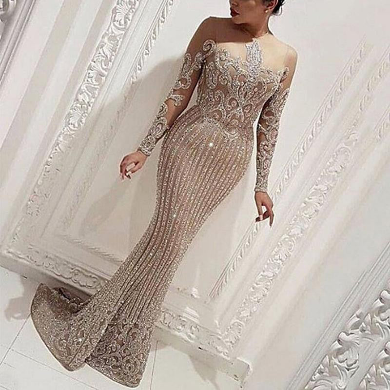 2026 Cross-Border Spring and Summer New Style Long Dress with Mid-Waist, Elegant and Suitable for Work, Sequined with Gold Accents, Slim-Fit, Gold Color, Slimming Dress