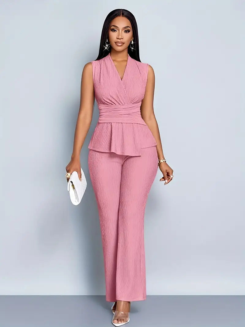 Womens Sleeveless V-Neck Top and Wide-Leg Pants Set