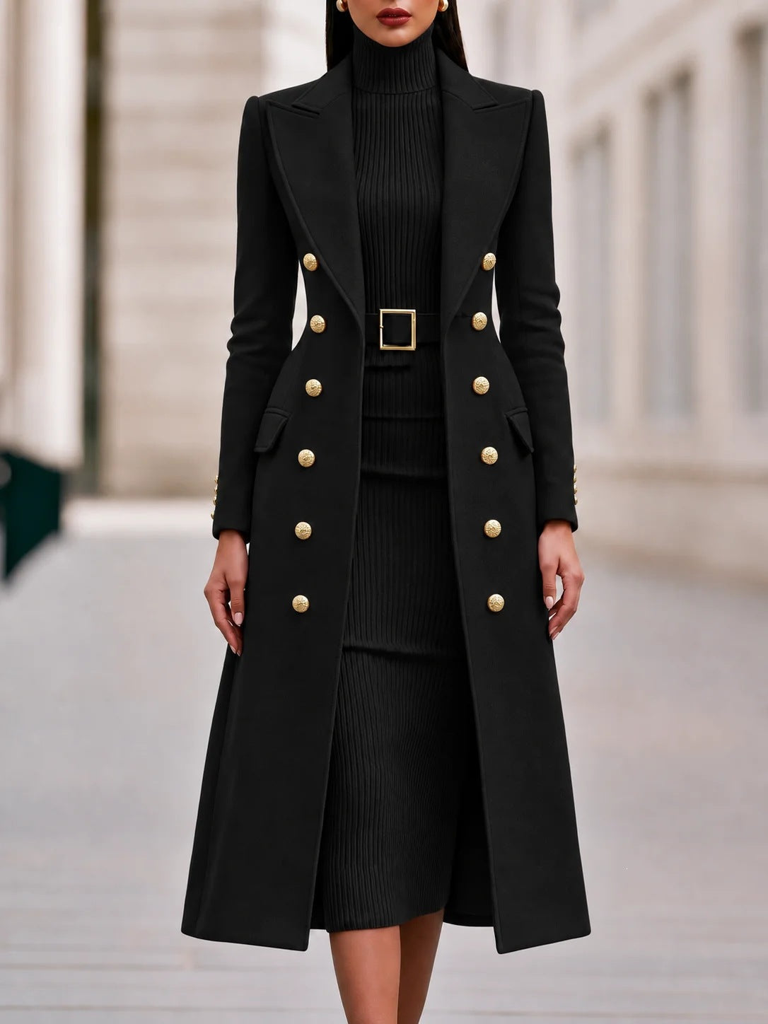 Women's Double-Breasted Woolen Coat and Knitted Dress Two-Piece Set