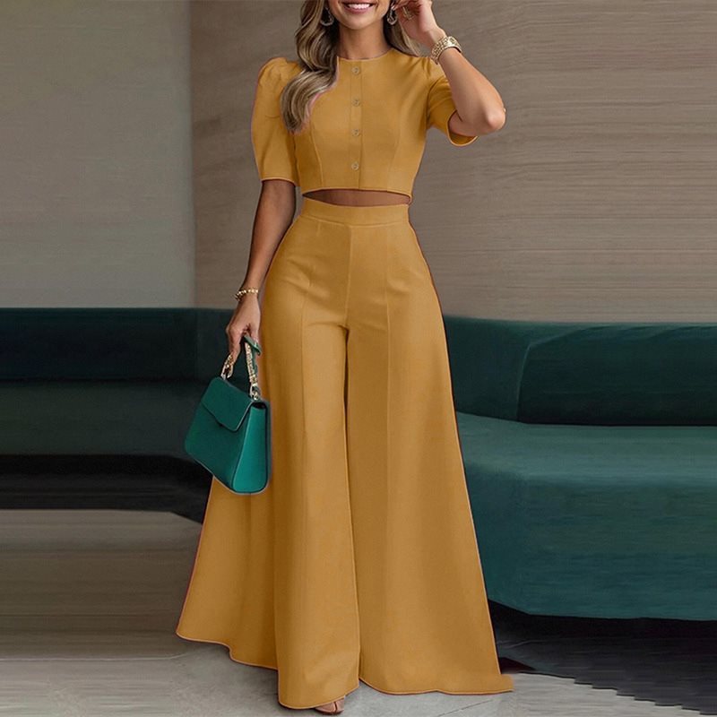 Women's Two-Piece Set Short Top Wide Leg Pants Casual Elegant Summer