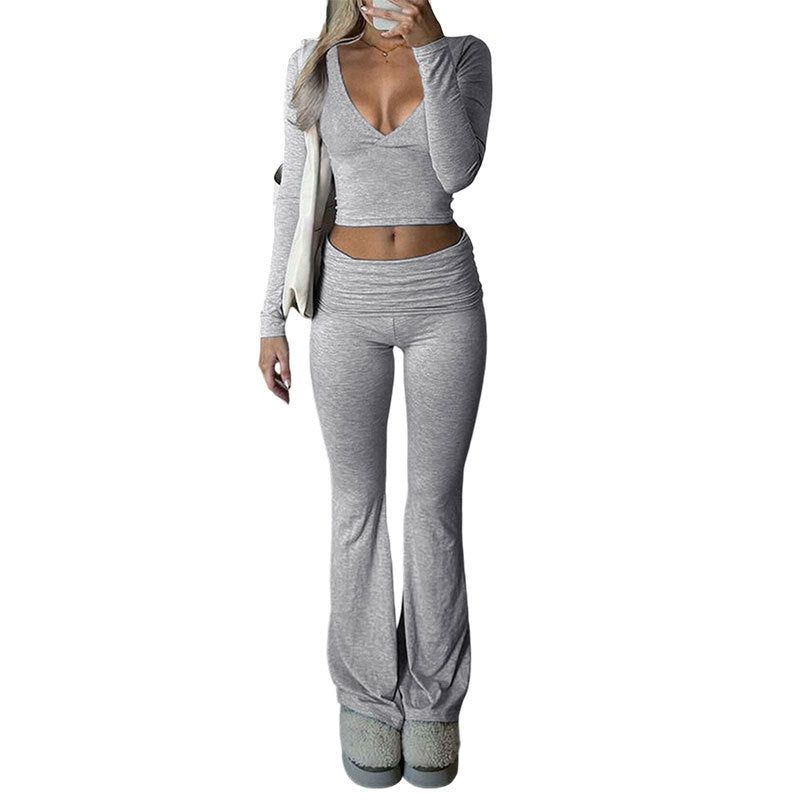 Women's Two-Piece Active Set Deep V Long Sleeve Top