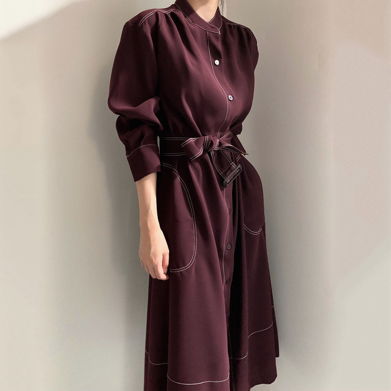 Korean Style Stand Collar Single Breasted Long Sleeve Woven Windbreaker Dress