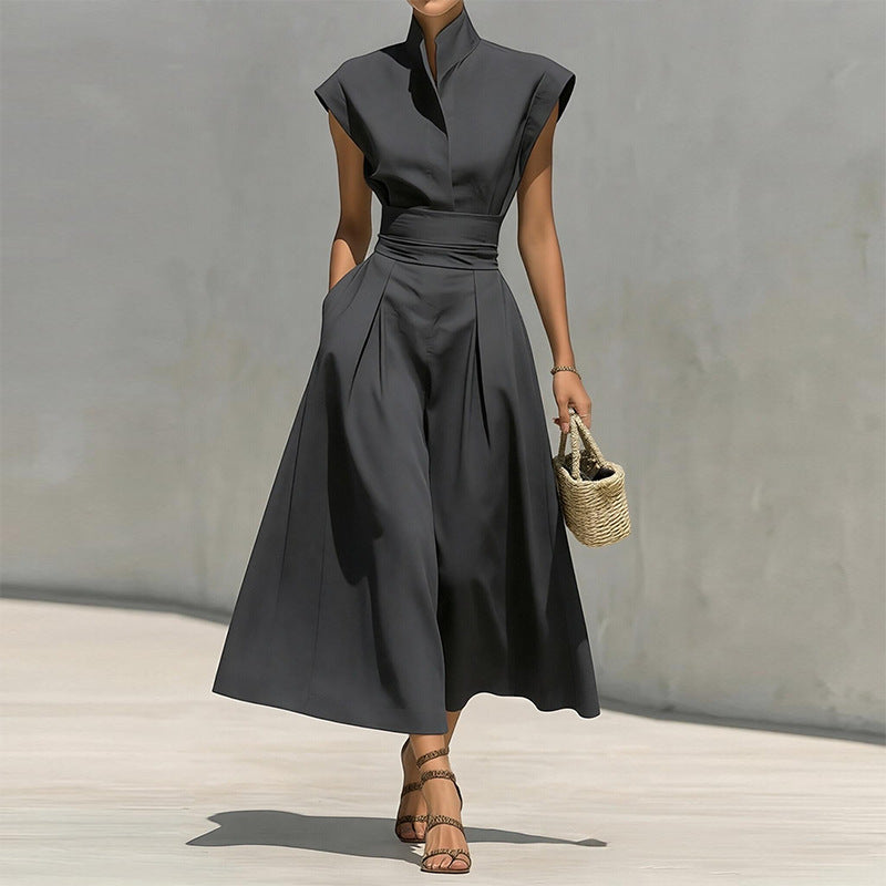 Elegant Stand Collar Flutter Sleeve Dress