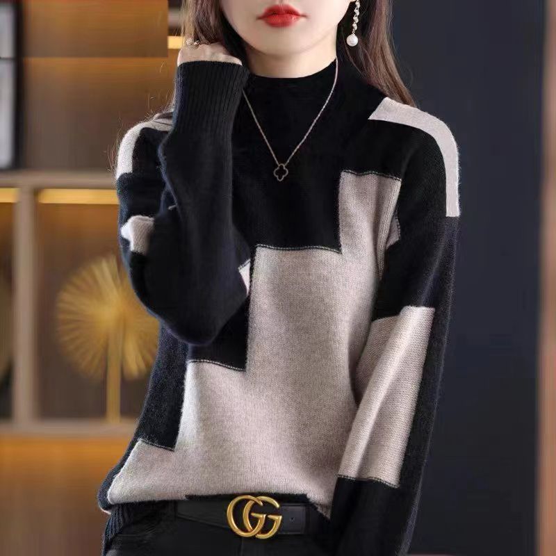 Women's Loose Knitted Sweater with Princess Sleeves and Half Turtleneck