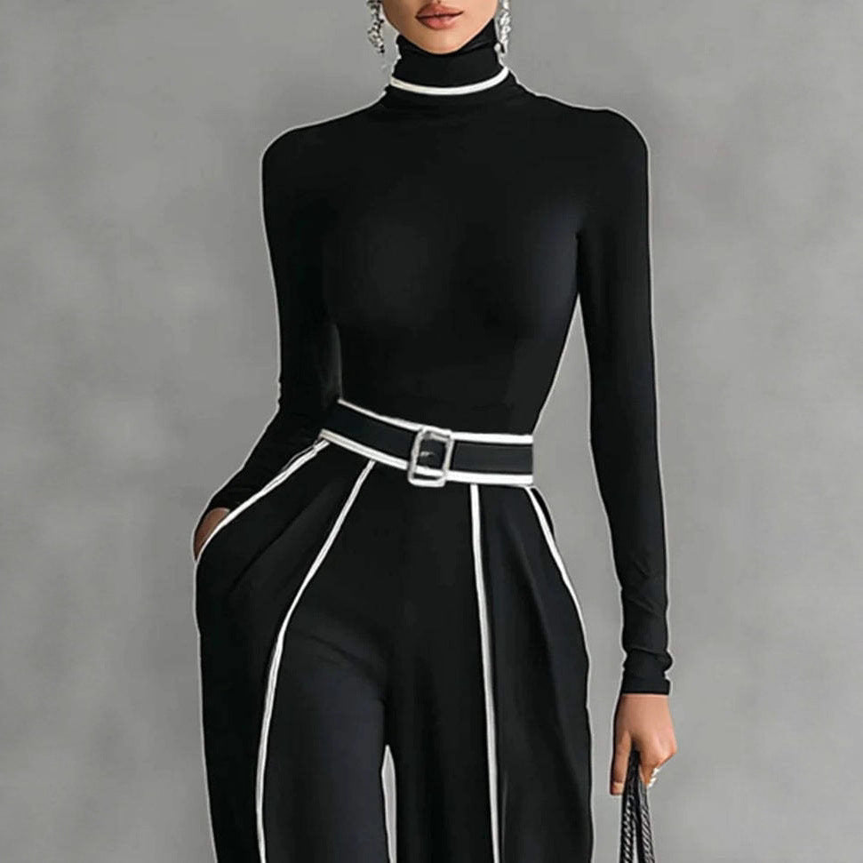 Elegant Stand-Up Collar Contrast Trim Two-Piece Knit Top and Wide-Leg Pants Set
