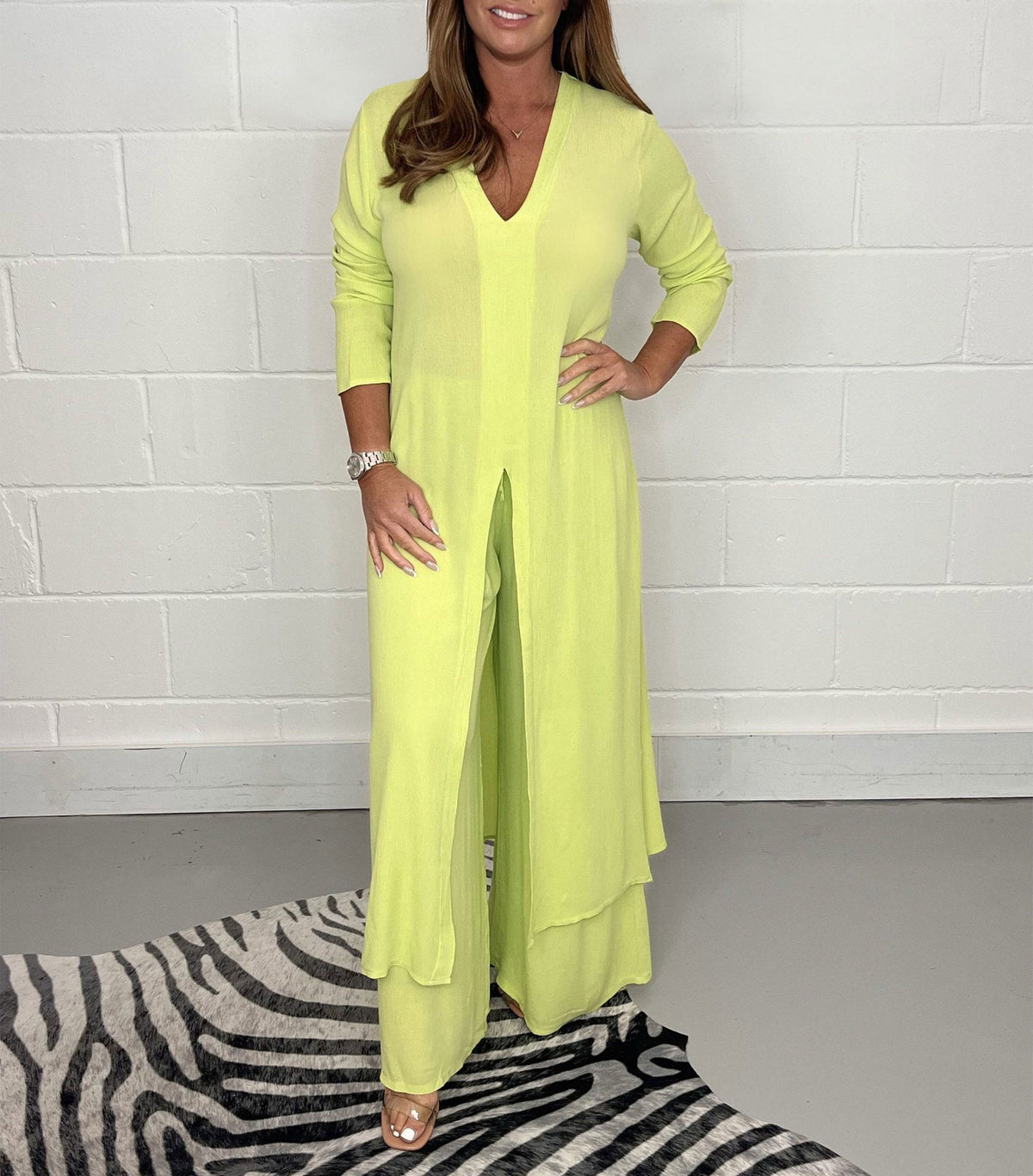 Womens Side Split Two Piece Set Long Sleeve Top and Pants Outfit