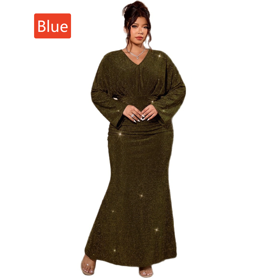 Plus Size Womens V Neck Batwing Sleeve Mermaid Evening Dress
