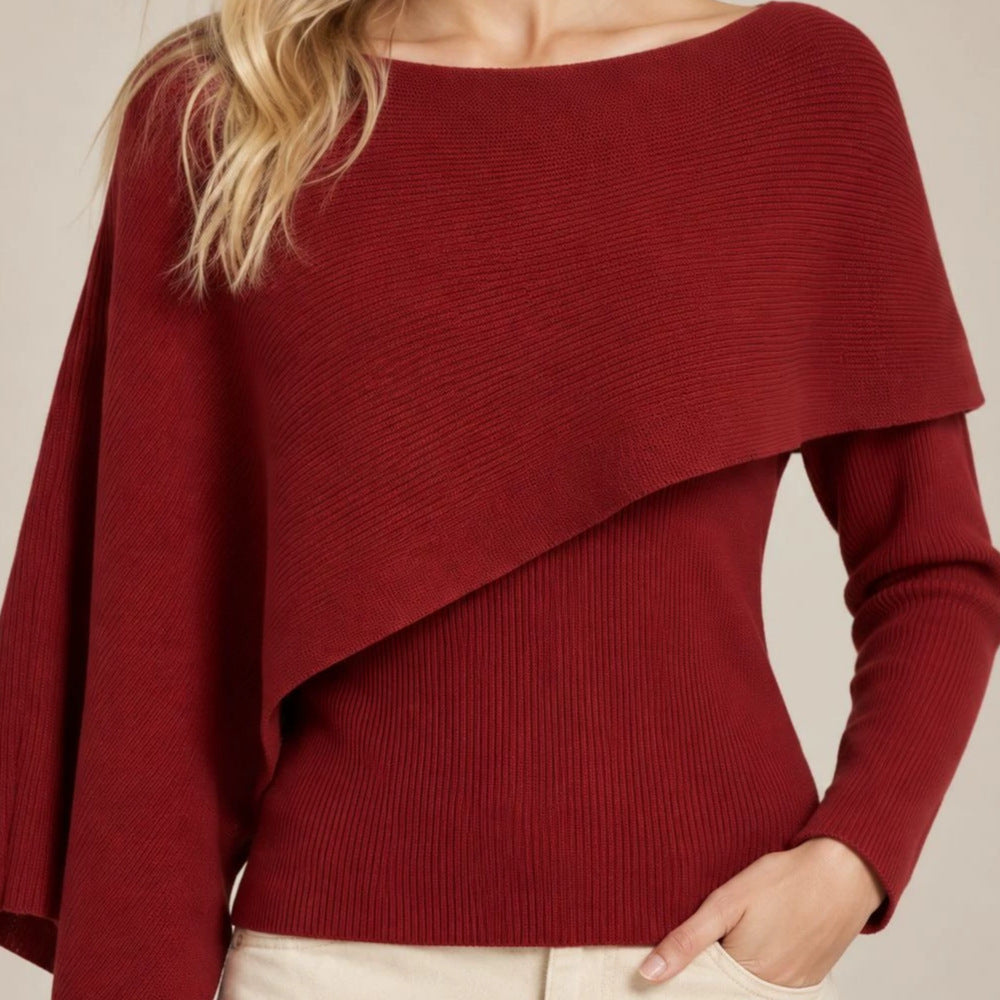 Women's Retro Red Asymmetrical Long Sleeve Knit Sweater
