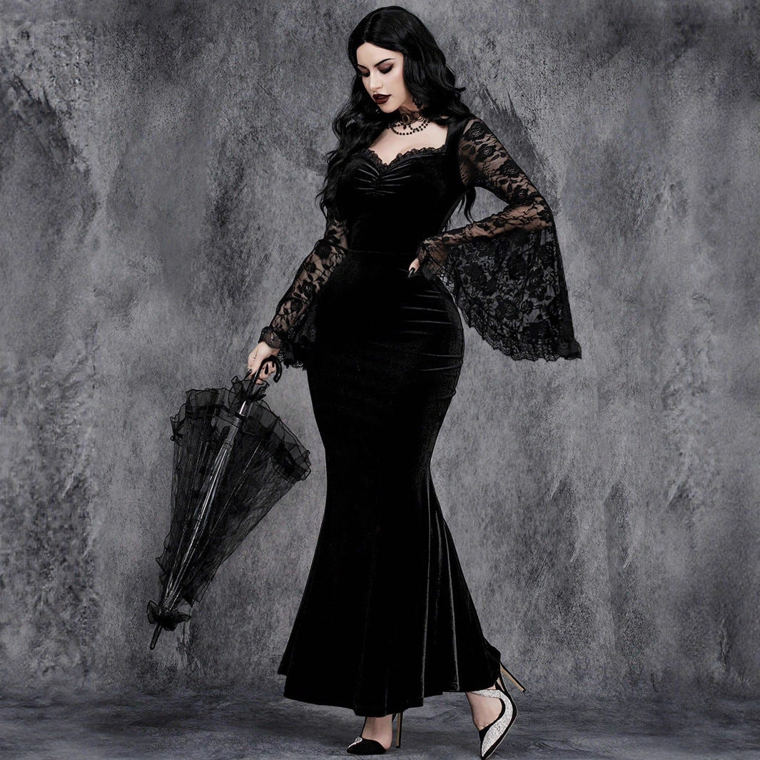 Halloween Gothic Style Lace Patchwork Waist-Cinched Flare Sleeve Dress
