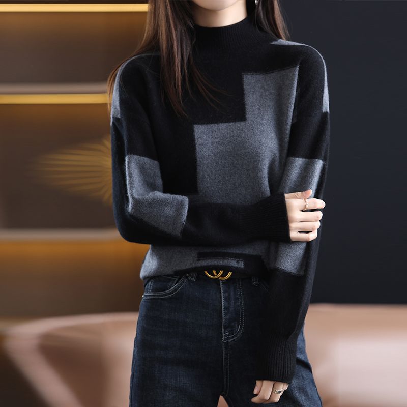 Women's Loose Knitted Sweater with Princess Sleeves and Half Turtleneck