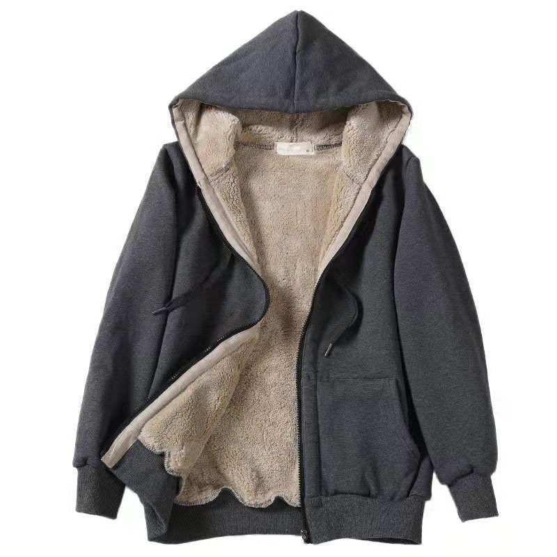 Women Plus Size Plush Hooded Sweatshirt Zip Up Long Sleeve Loose Solid Jacket