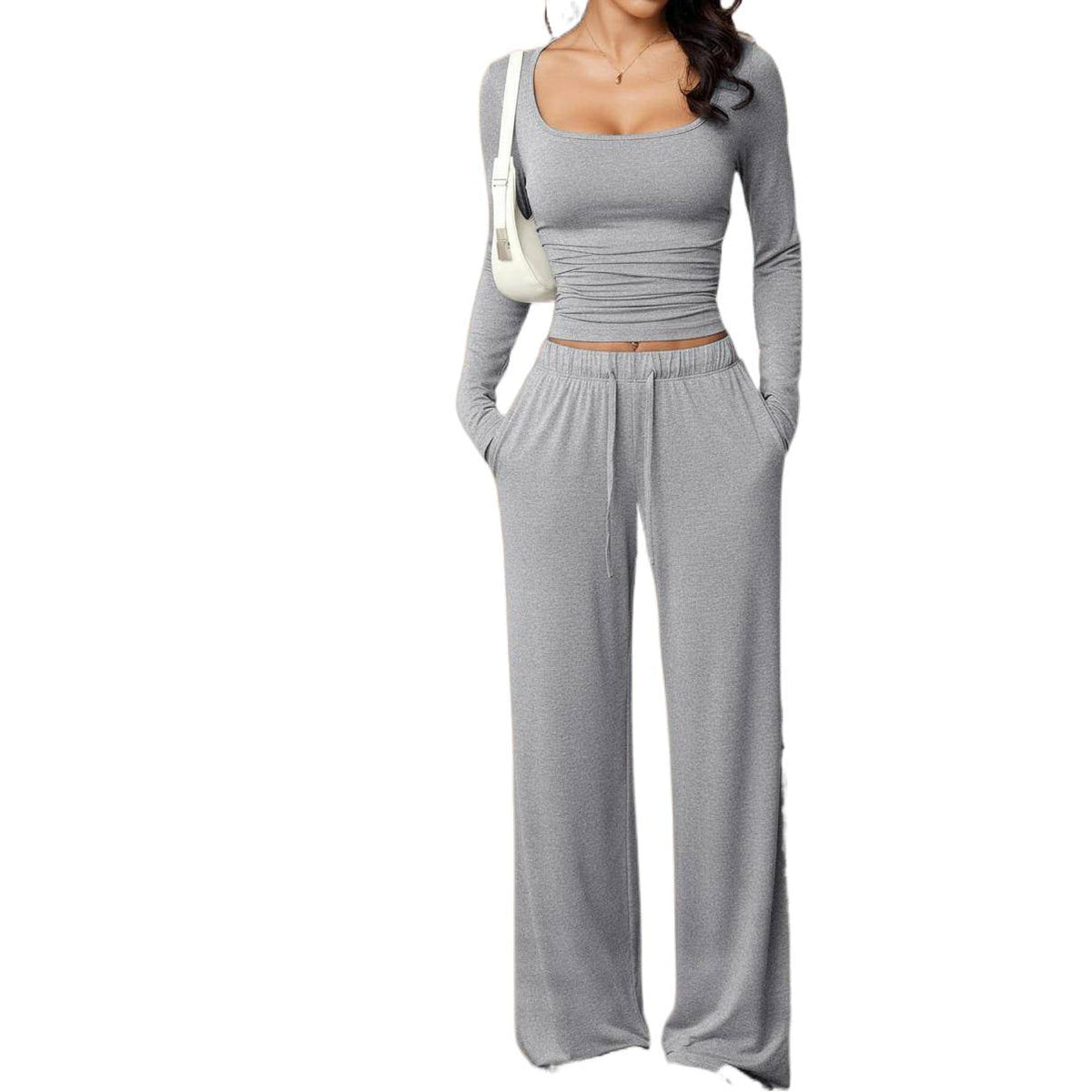 casual pants set with square-neck long-sleeve short top