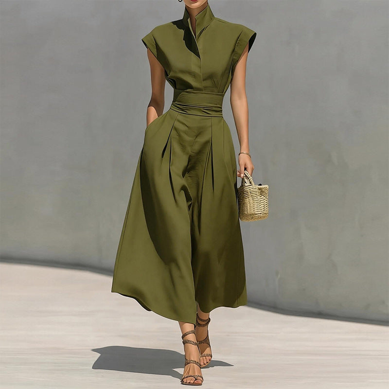 Elegant Stand Collar Flutter Sleeve Dress