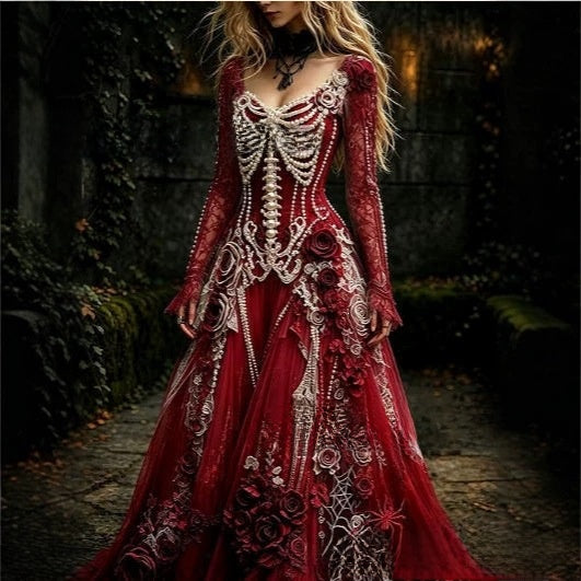 Lady's retro gothic skull rose print long-sleeved dress