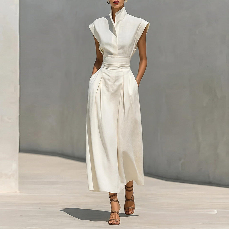Elegant Stand Collar Flutter Sleeve Dress
