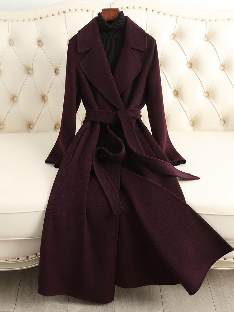 Women's Double-Sided 100% Wool Long Over-The-Knee Coat with Suit Collar
